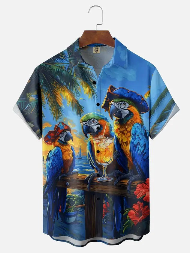 Moisture-wicking Pirate Captain Parrots Chest Pocket Hawaiian Shirt