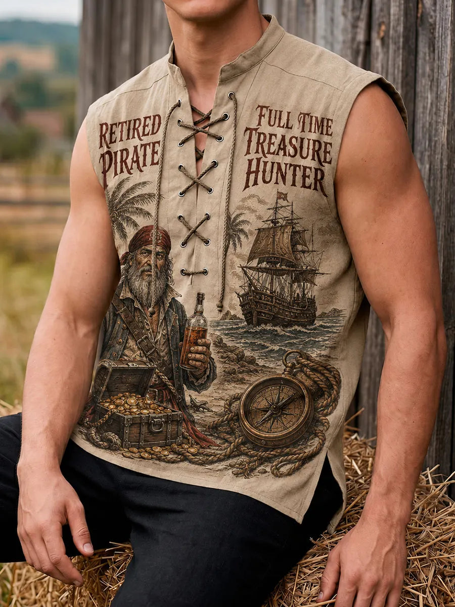 Retired Pirate “Full-Time Treasure Hunter” Vintage Nautical Print Lace-Up Sleeveless Shirt
