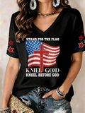 Women's America's 250th Anniversary Stand For The Flag Kneel For The Cross Faith Christian Cross Print T-Shirt