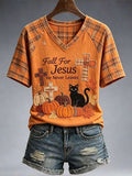 Women's Fall Black Cat V-Neck T-Shirts