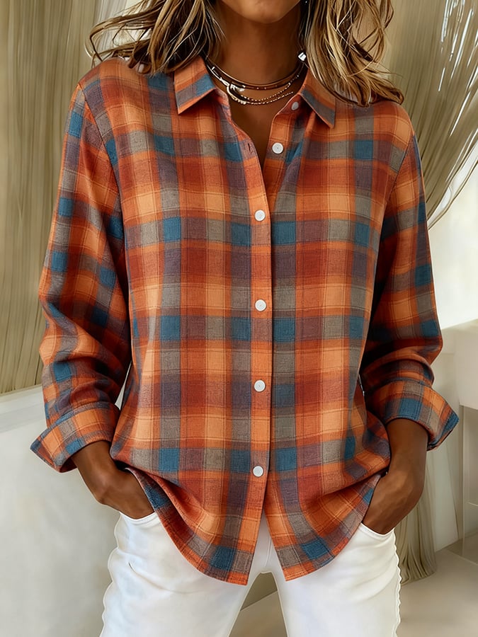 Women's Casual Contrast Color Autumn And Winter Retro Plaid Print Shirt