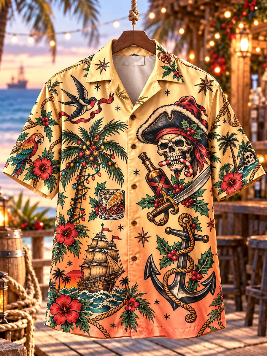 Men's Tropical Christmas Pirate Skull & Anchor Print Short Sleeve Shirt