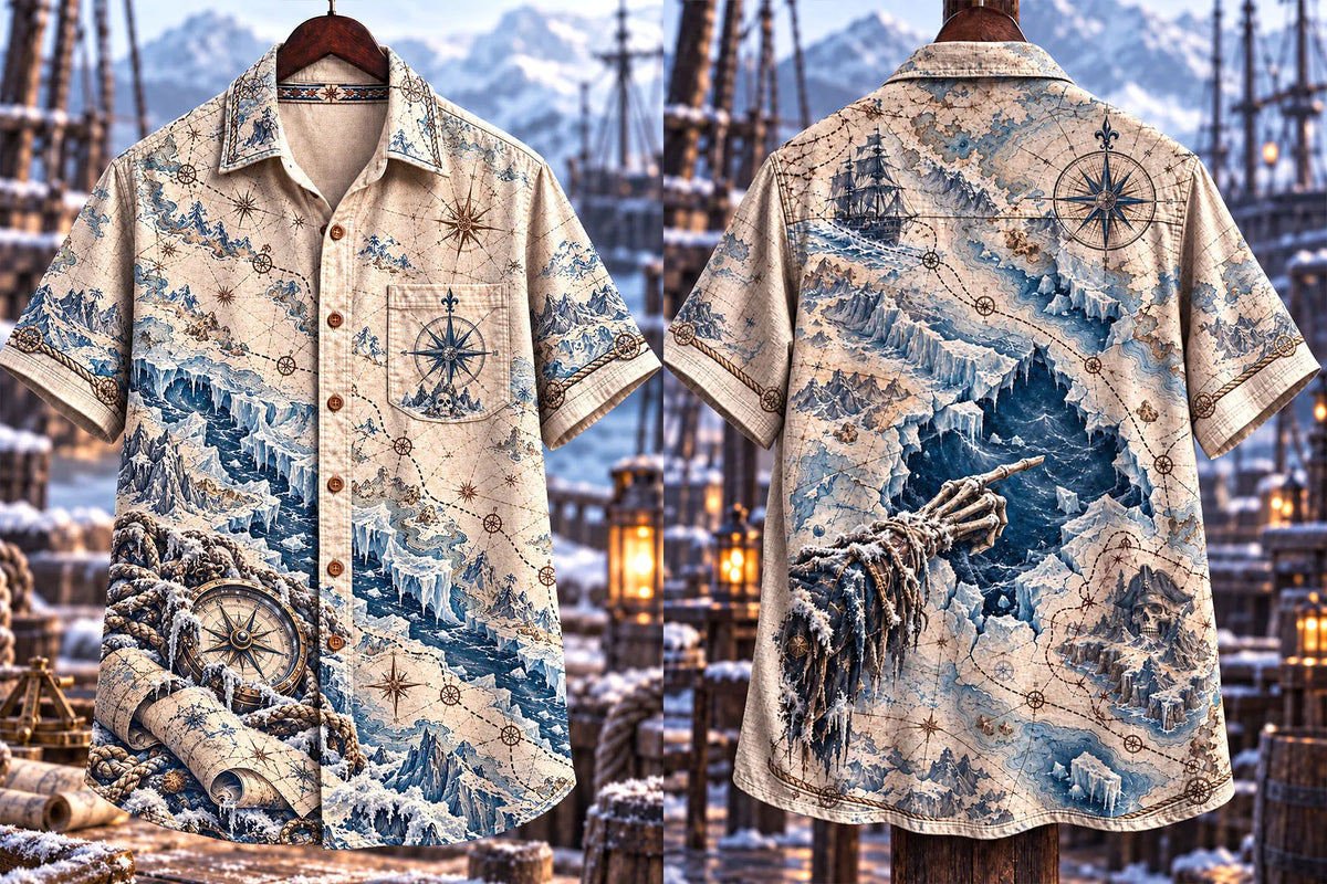 Men's Vintage Arctic Pirate Treasure Map Print Short Sleeve Shirt