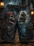 Men's Skeleton Pirates Dark Ocean Art Print Drawstring Waist Casual Shorts