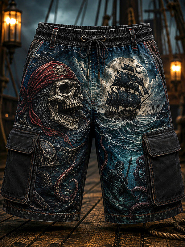 Men's Skeleton Pirates Dark Ocean Art Print Drawstring Waist Casual Shorts