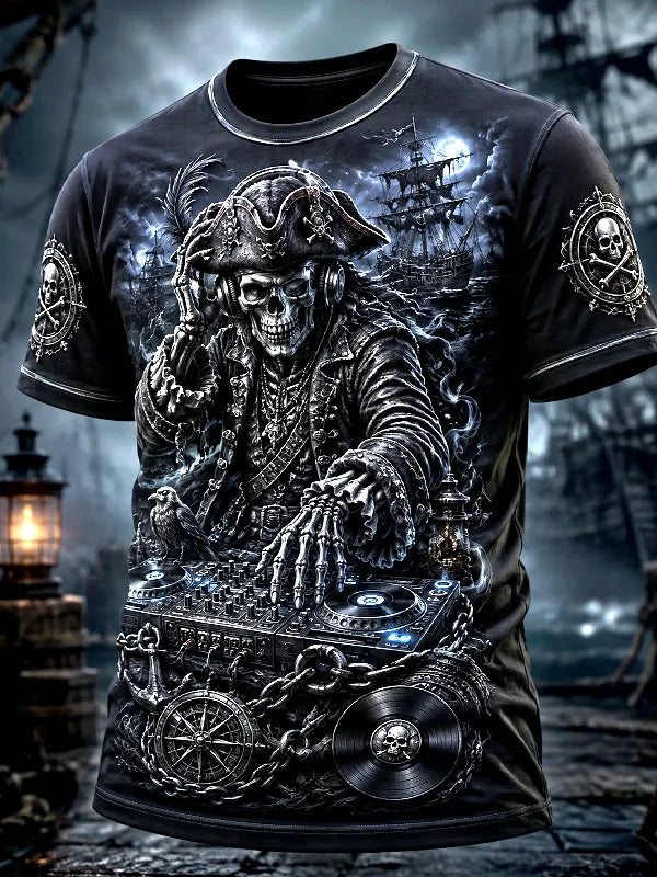 Men's Pirate Skeleton DJ Print Casual T-Shirt