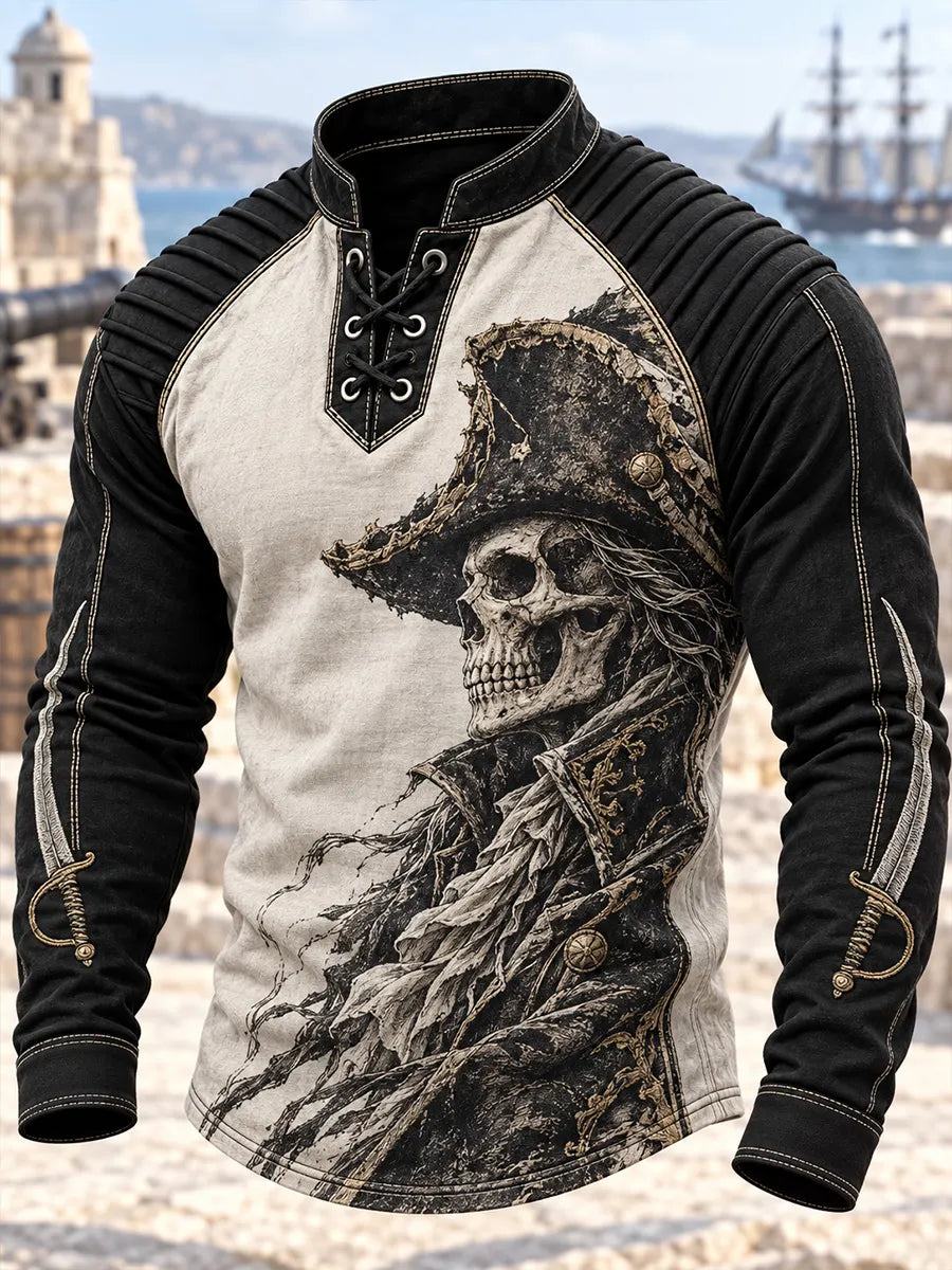 🏴‍☠️ Men's Pirate Captain Tricorne Hat & Swords Henley Shirt