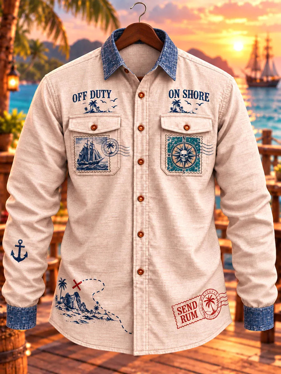 Men's Vintage Pirate Nautical Postcard Print Double Pocket Long Sleeve Shirt