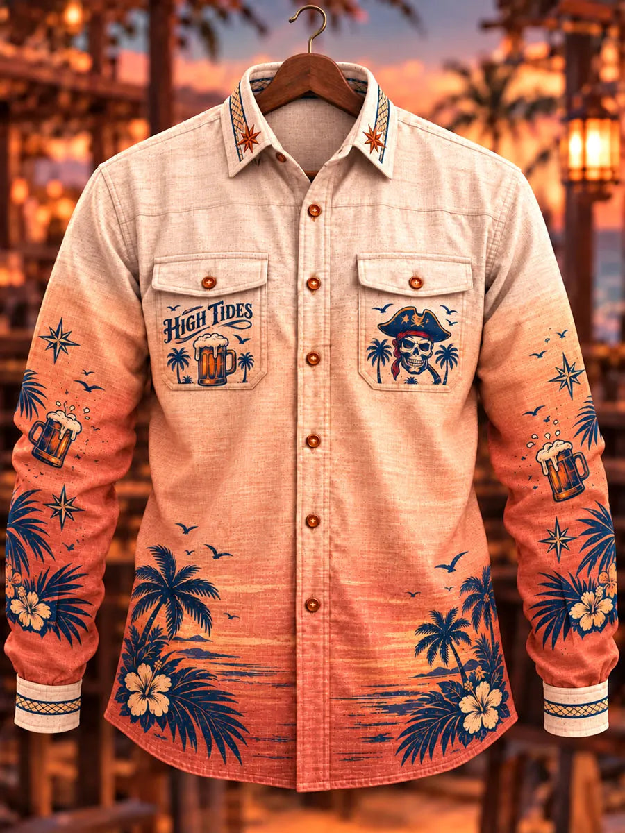 Men's Vintage Pirate Tavern Sunset Print Long Sleeve Shirt