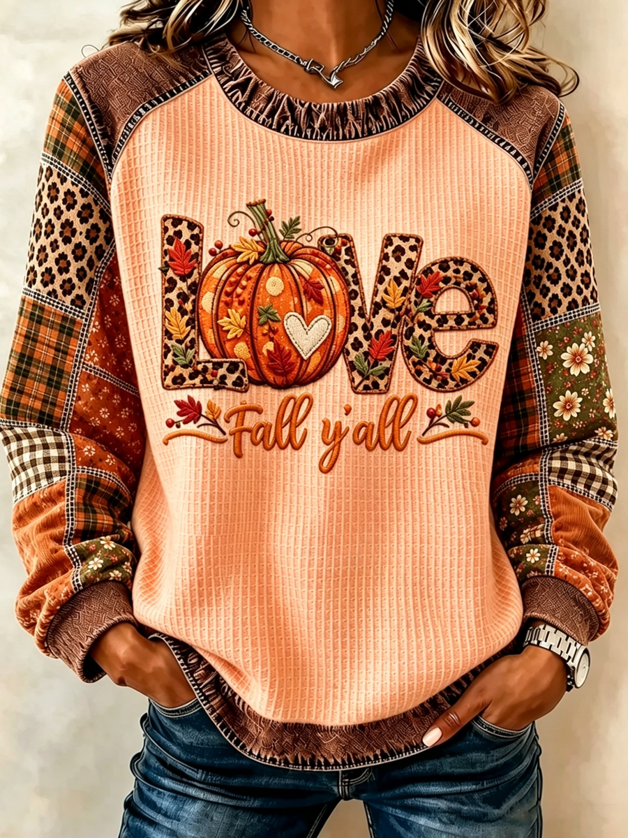 Women's Fall Pumpkin Plaid Raglan Waffle Top