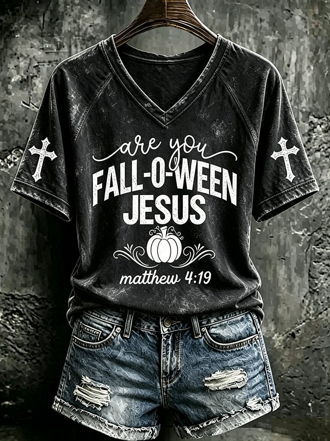 Women's Retro Fall-O-Ween Jesus Pumpkin Printed Top