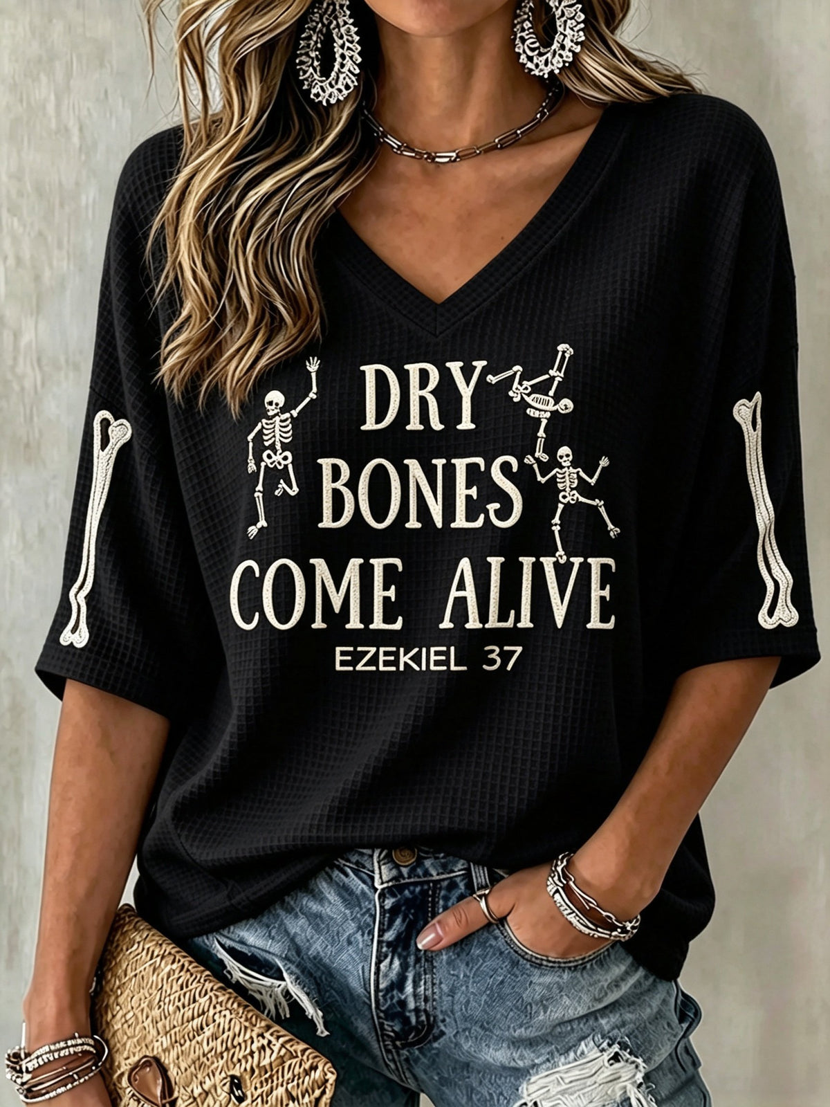 Women's Casual Printed Waffle Top