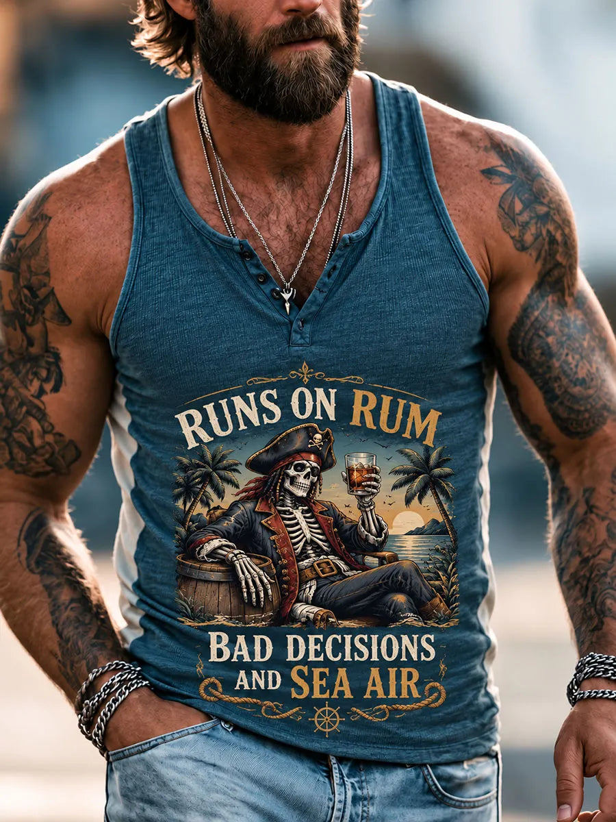 Pirate Skull “Runs on Rum, Bad Decisions and Sea Air” Men’s Henley Sleeveless Tank Top