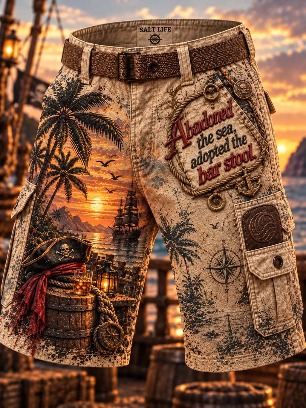 🌴 🥃 Abandoned The Sea Adopted The Bar Stool 🏴‍☠️ Sunset Pirate Cargo Shorts