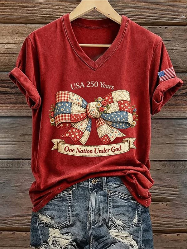 250 Years Of God Under One Country Printed V-Neck T-Shirt For American Women
