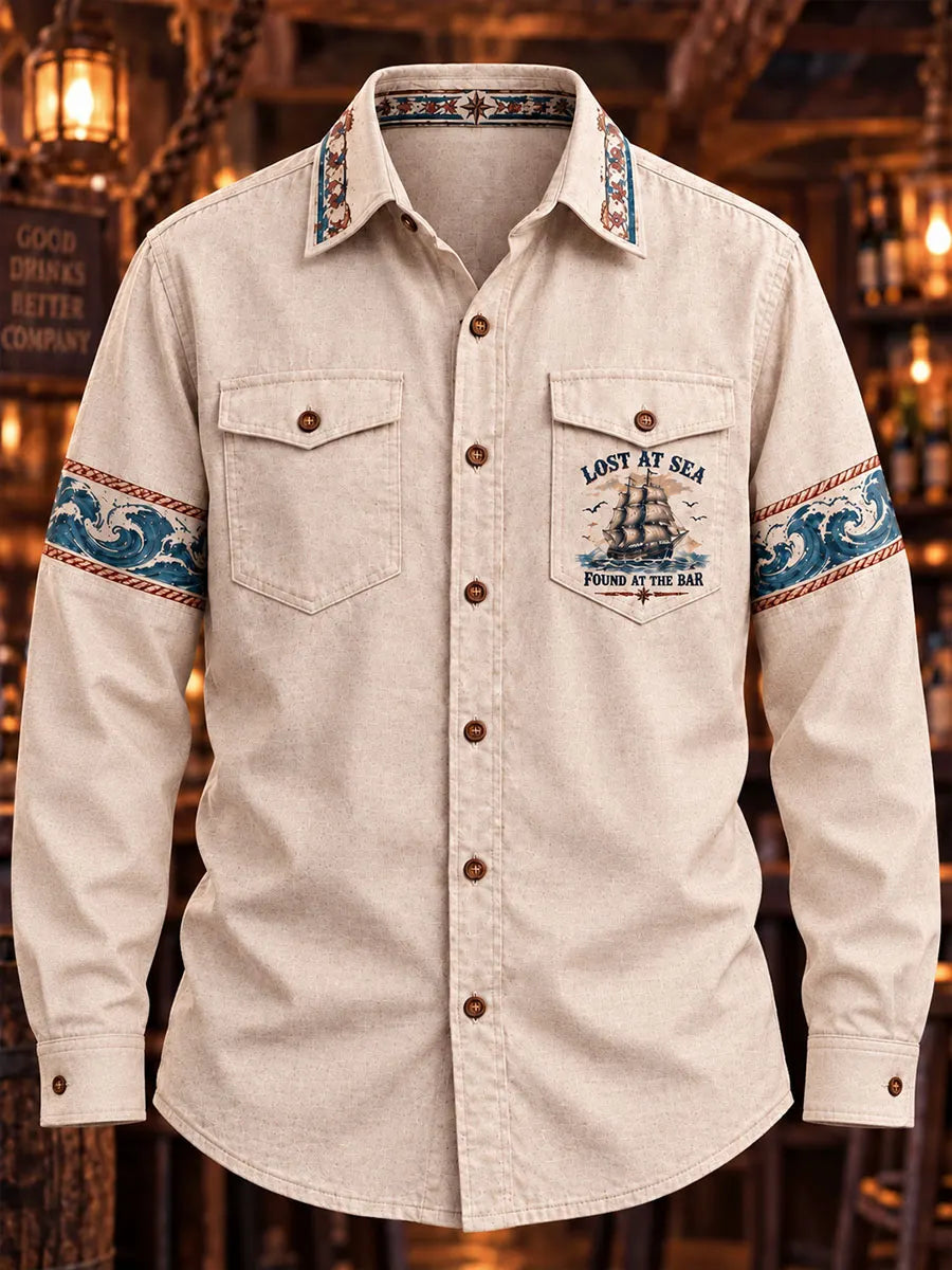 Men’s Vintage Pirate Nautical Double-Pocket Long Sleeve Shirt