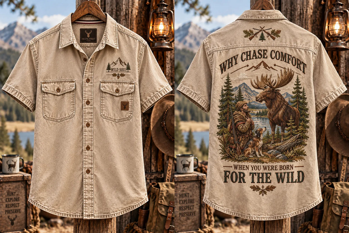 Men’s Vintage “WHY CHASE COMFORT · WHEN YOU CAN CHASE THE WILD” HuntingShort Sleeve Shirt