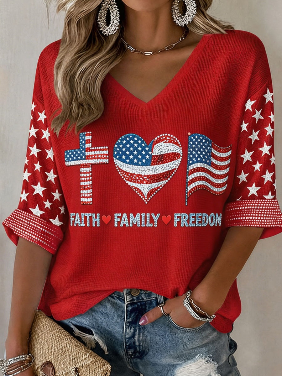Women's Faith & Family & Freedom Rhinestone Floral Art Long Sleeve Top
