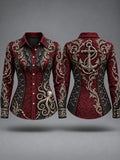 Women's Vintage-Style Pirate Art Print Casual Long Sleeve Button Down Shirt