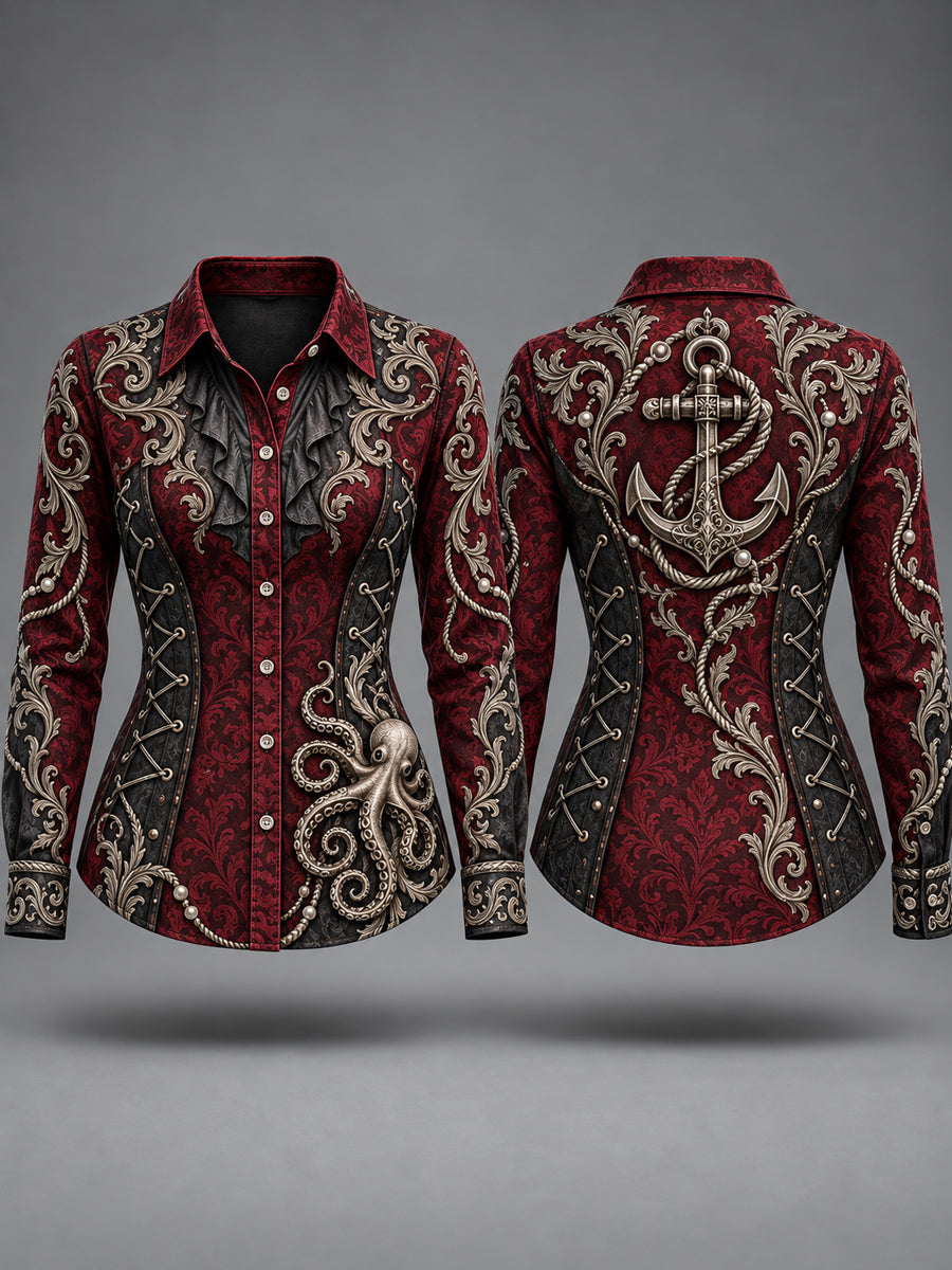 Women's Vintage-Style Pirate Art Print Casual Long Sleeve Button Down Shirt