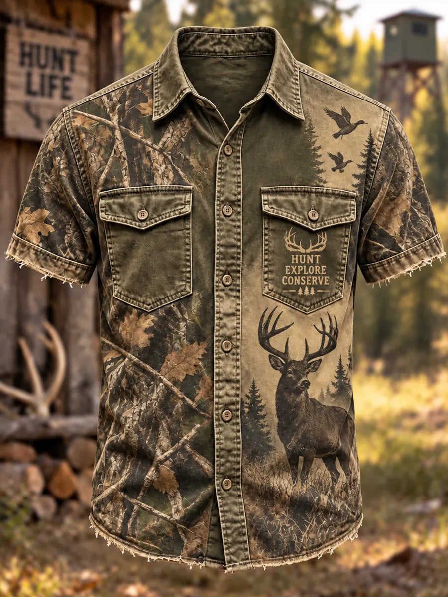 Men's Retro Hunting Culture Print Short Sleeve Button-Up Shirt