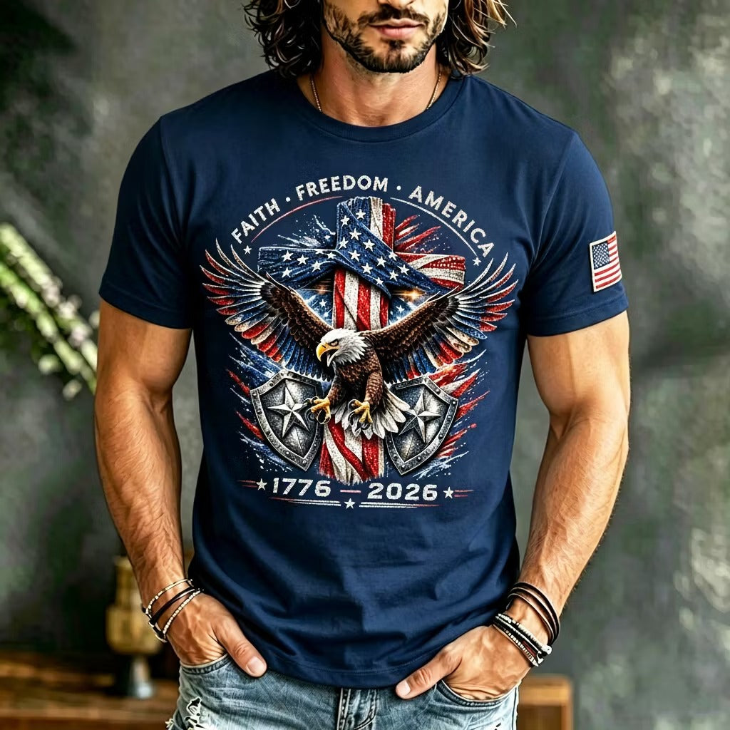 Men's Retro Independence Day Cross And Eagle Print Crew Neck Short Sleeve T-shirt