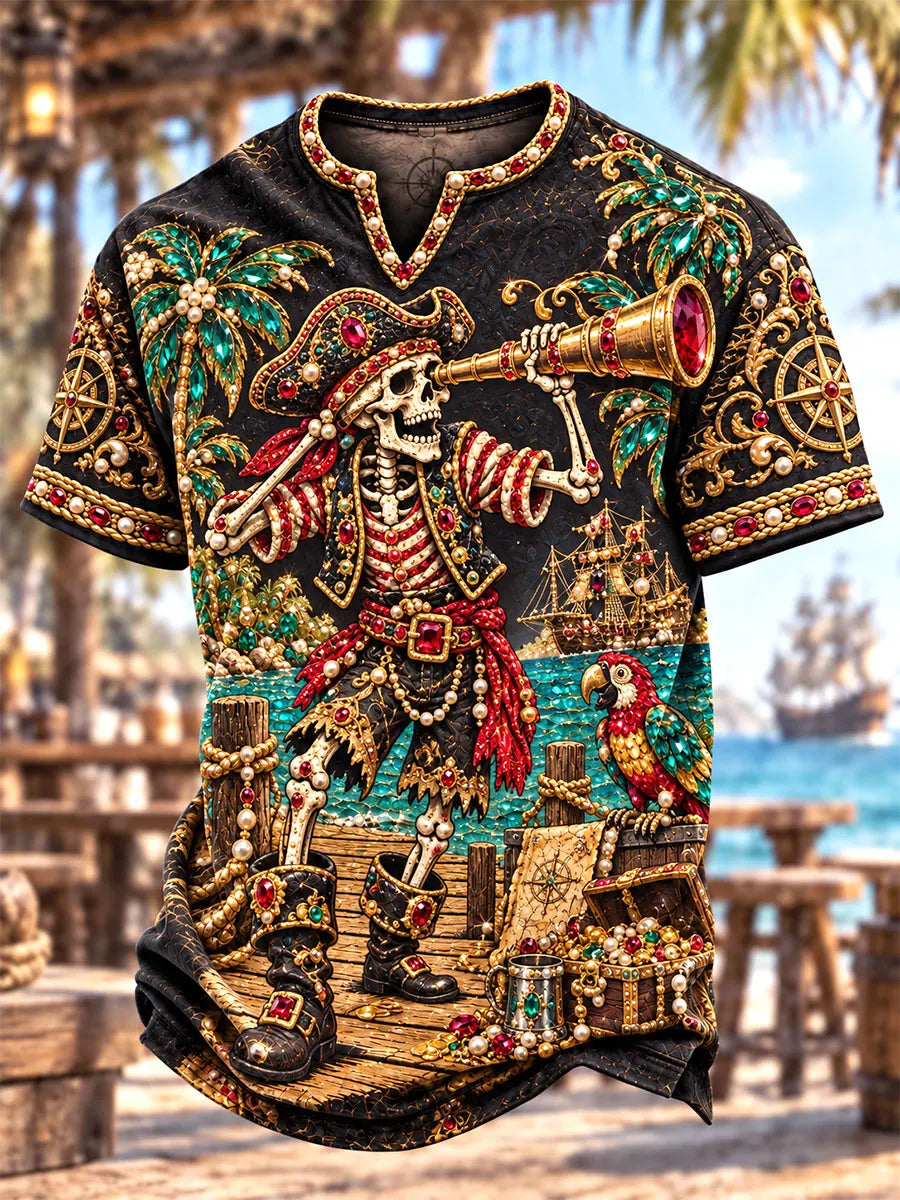 Jeweled Explorer Pirate Skeleton Spyglass Luxury Men's T-Shirt