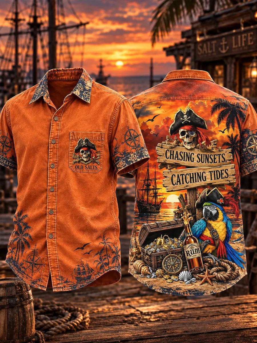 Men’s Vintage Old Salt Pirate Printed Short Sleeve Shirt