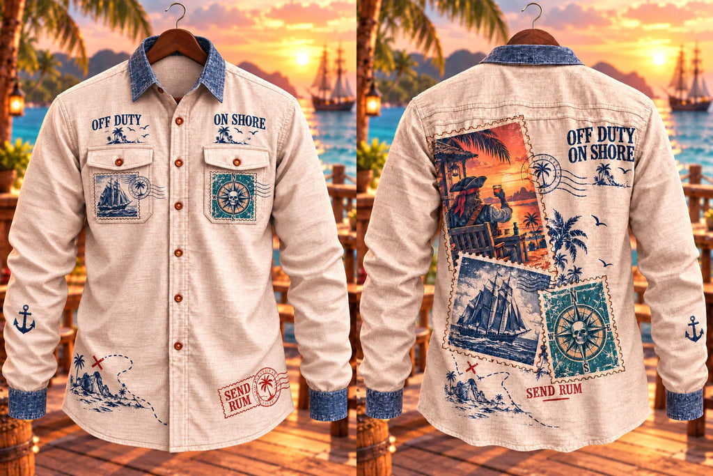 Men's Vintage Pirate Nautical Postcard Print Double Pocket Long Sleeve Shirt