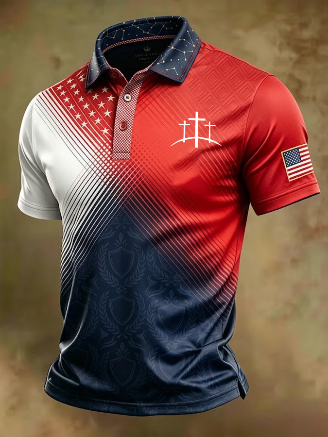 Jesus Cross Gradient Relief Design Printed Polo Shirt