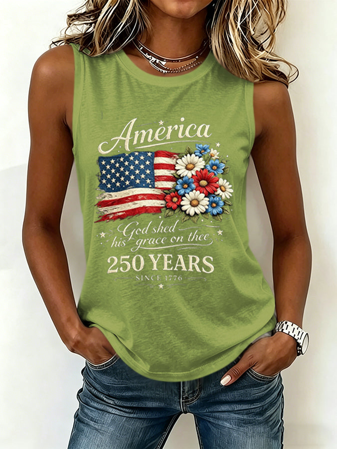 Women's America 250 Years Flag Floral Printed Tank Top