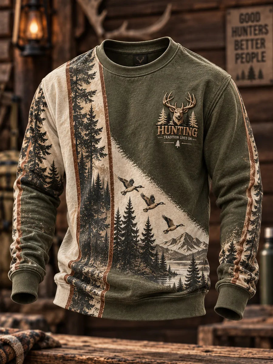 Retro Hunting Culture Print Crew Neck Sweatshirt