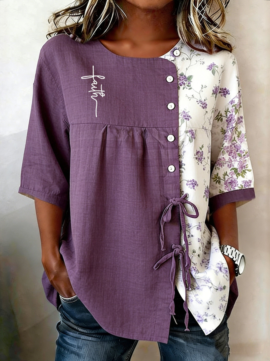 Women's Casual Purple Art Faith Cotton and Linen Shirt