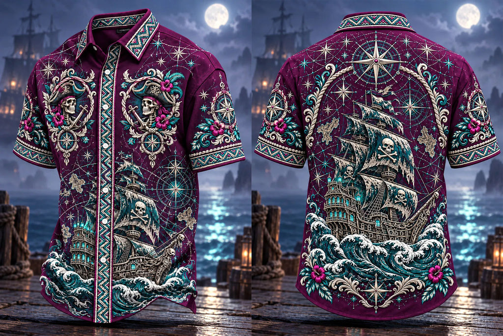 Ghost Pirate Ship Moonlit Nautical Short Sleeve Shirt