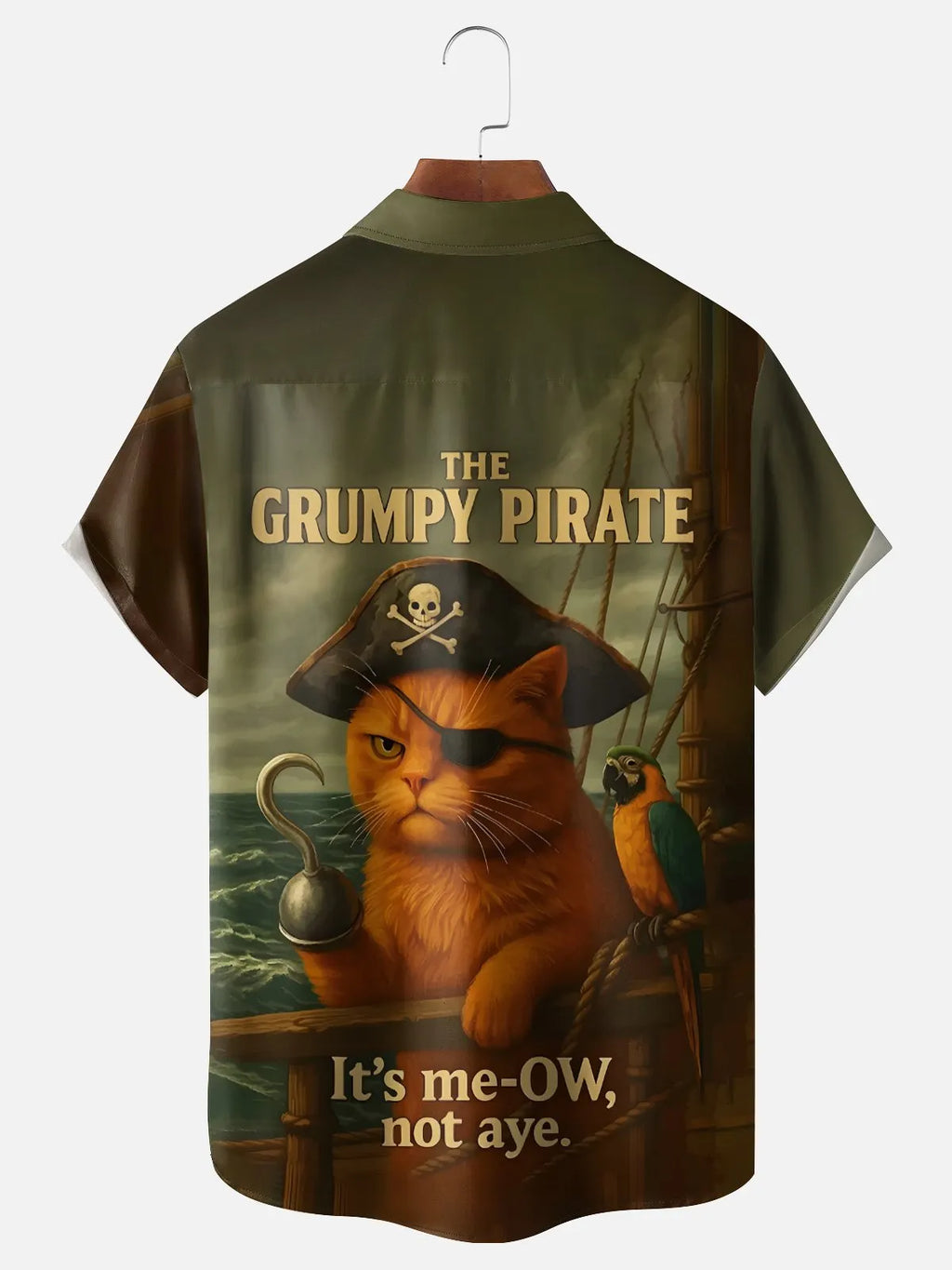 Moisture Wicking Fun Pirate Cat Parrot Chest Pocket Holiday Hawaiian Shirt
