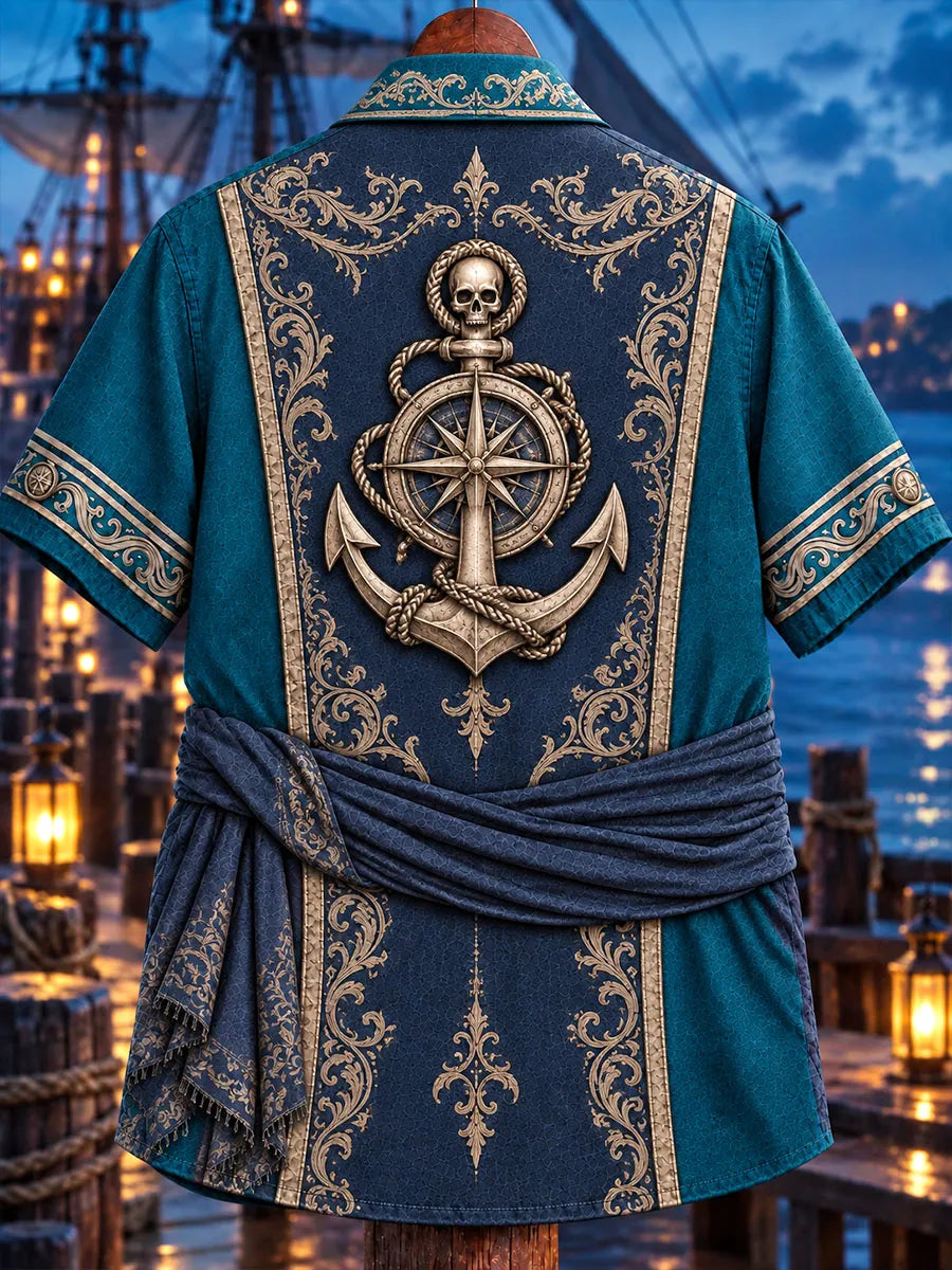 Men’s Pirate Anchor & Compass Print Short-Sleeve Button-Up Shirt