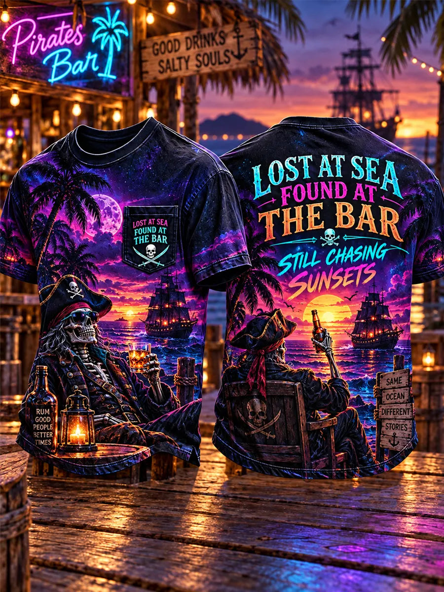 Men’s Lost at Sea Found at the Bar Sunset Pirate Graphic Pocket T-Shirt