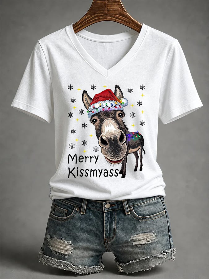 V-Neck Retro Funny Christmas Donkey Merry Kissmyass Print T-Shirt