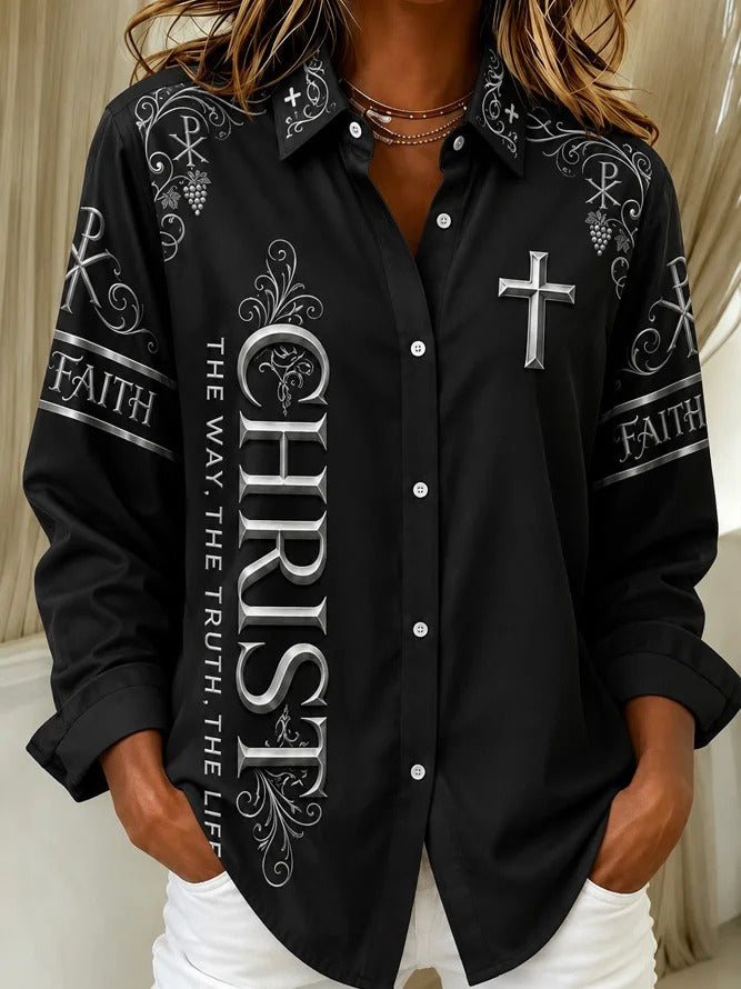Christ Cross Collar Button Up Long Sleeved Shirt