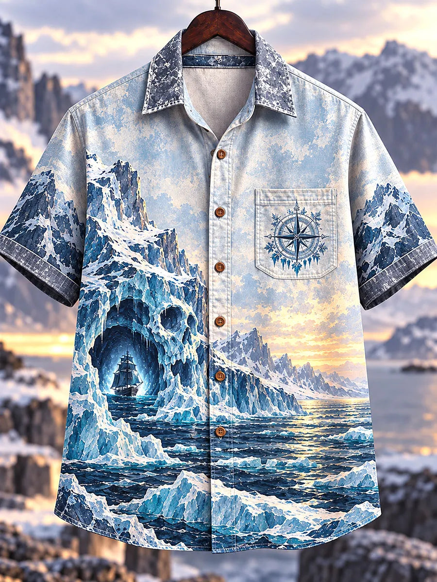 Men's Vintage Frozen Skull Cave Pirate Ship Print Short Sleeve Shirt
