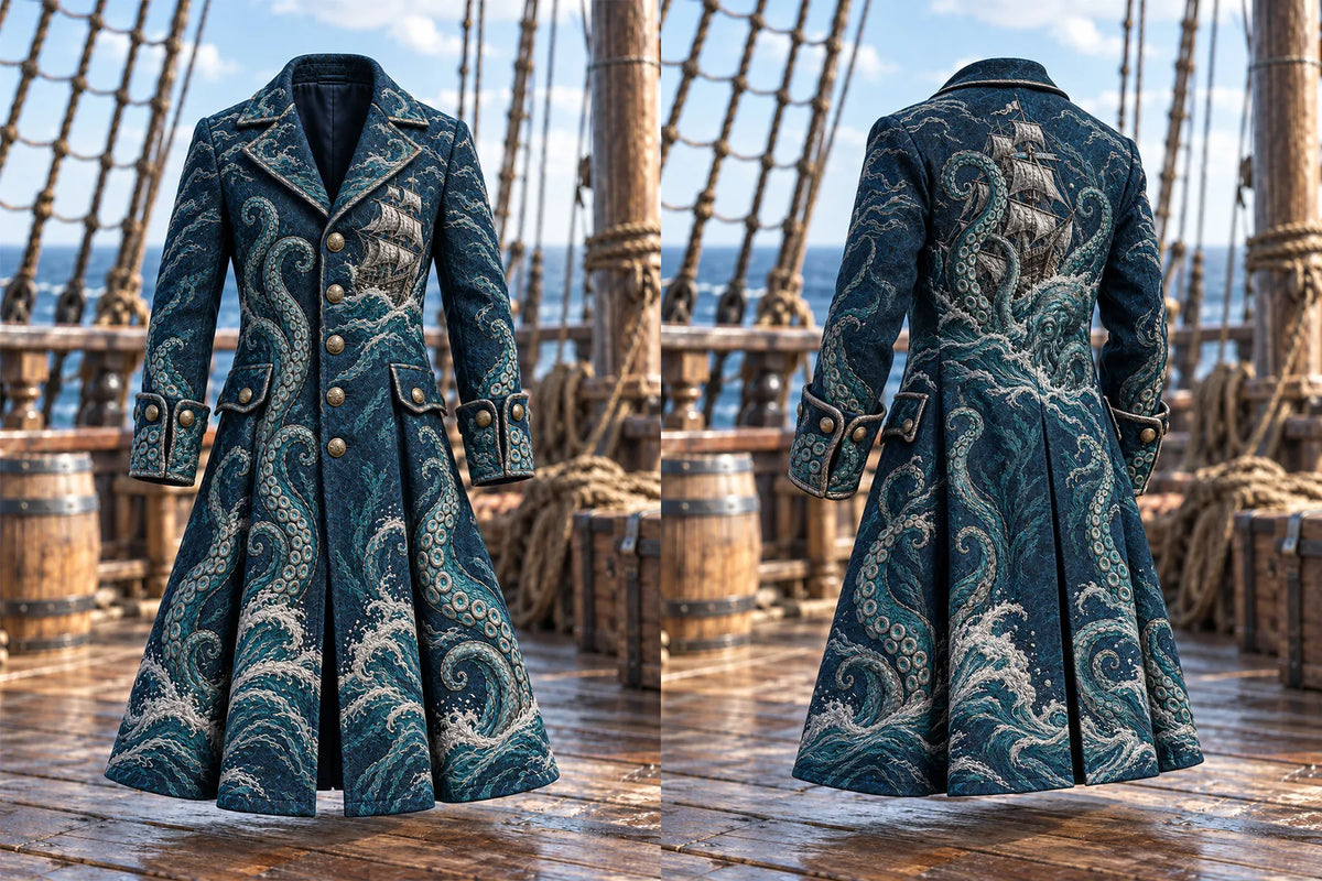 🌊 Men's Kraken & Ghost Ship Pirate Trench Coat