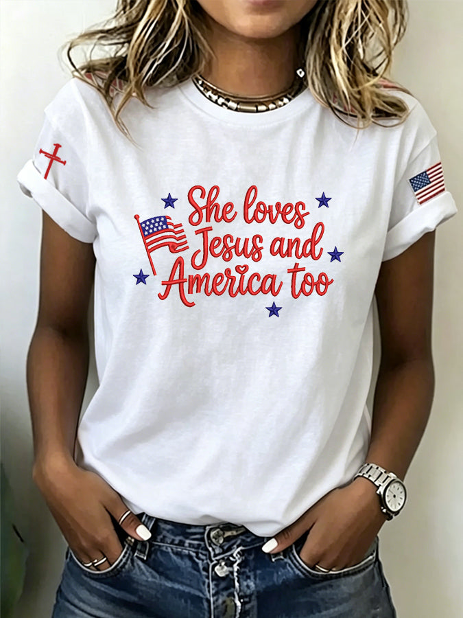 Women's Love for Jesus and American Cross Embroidery Short Sleeve T-shirt