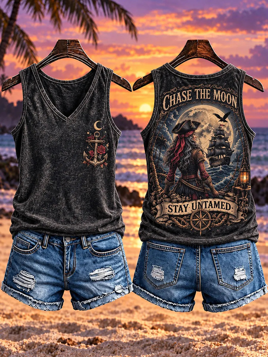 Moonlit Pirate Woman “Chase the Moon, Stay Untamed” Women’s V-Neck Sleeveless Tank Top