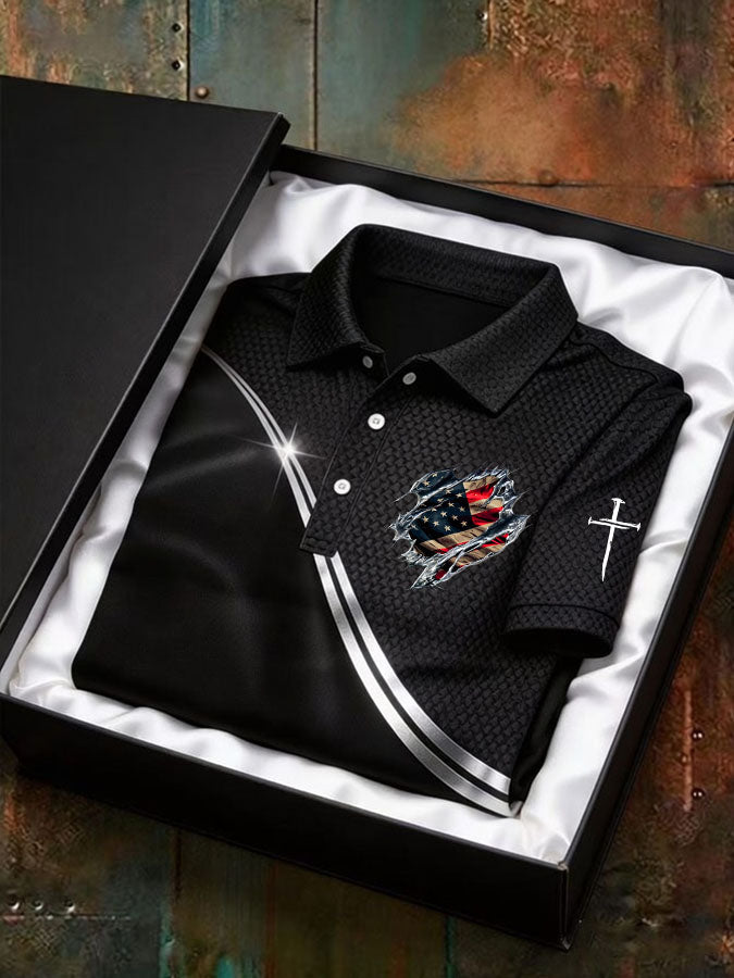 Men'S Flag Cross Printed Casual Polo Shirt