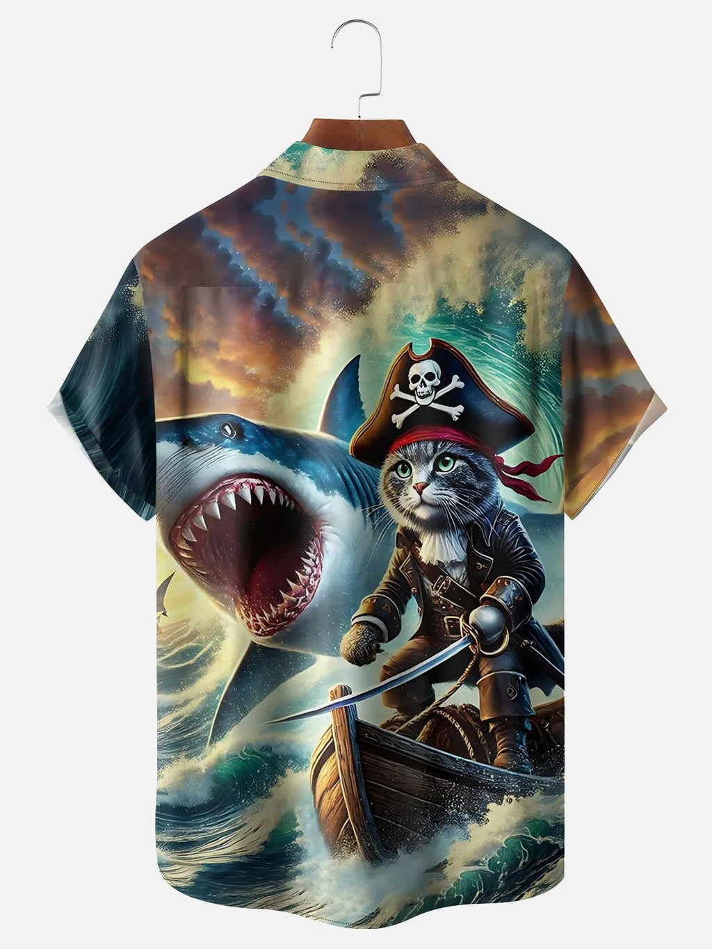 Moisture Wicking Shark Pirate Cat Chest Pocket Holiday Hawaiian Shirt