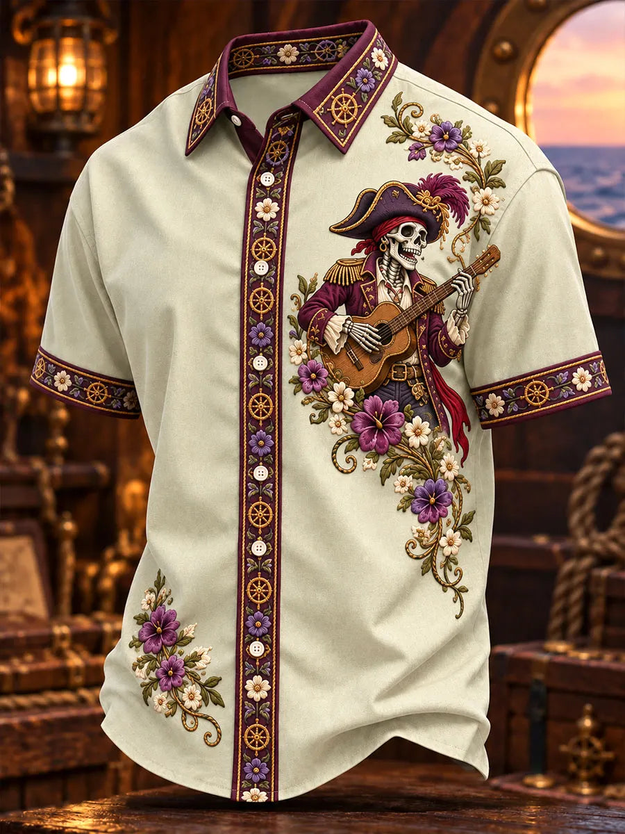 Guitar Pirate Skeleton Floral Short Sleeve Shirt