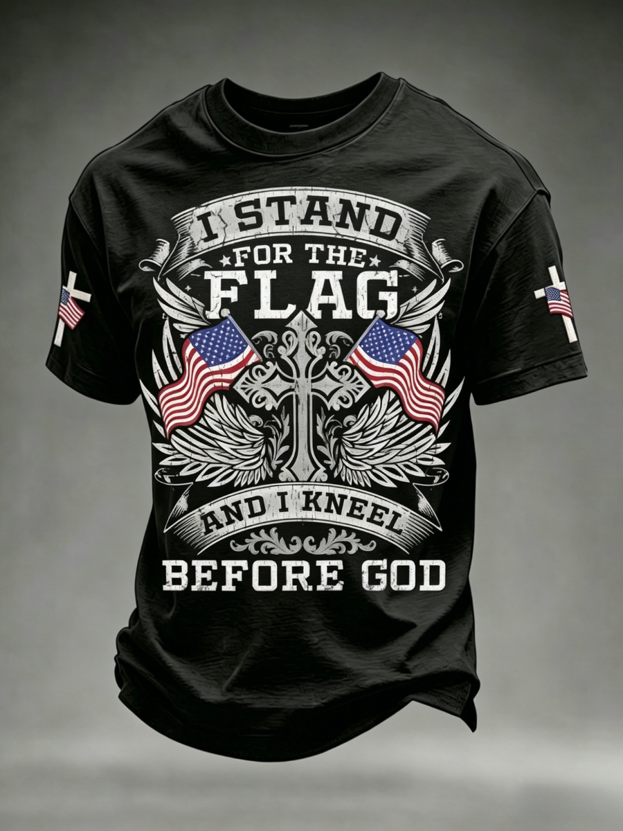 Men's America's 250th Anniversary Stand For The Flag Kneel For The Cross Faith Christian Cross Print T-Shirt