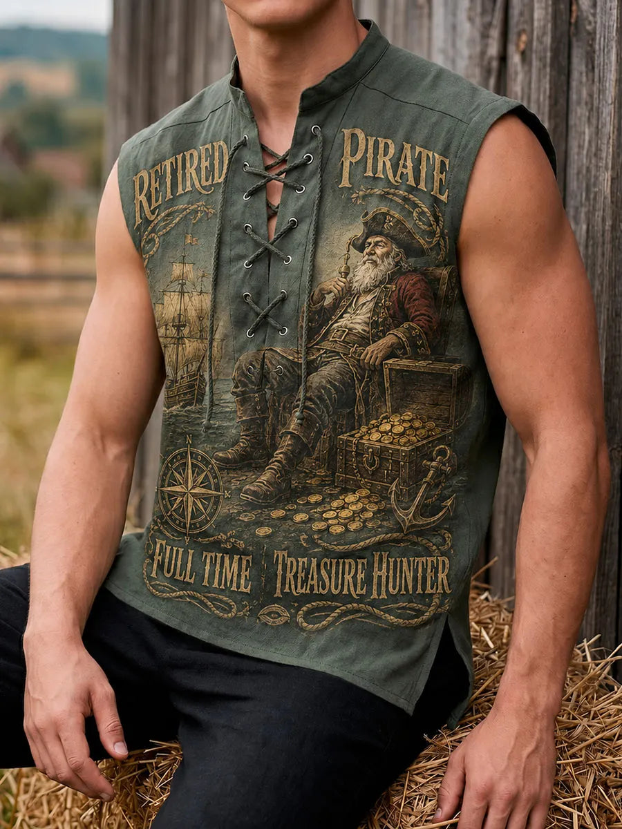 Retired Old Pirate “Full-Time Treasure Hunter” Vintage Lace-Up Sleeveless Shirt