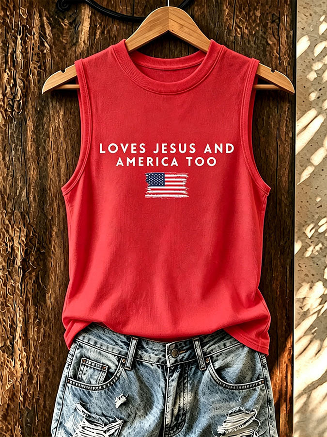 Women'S Love Jesus And America Too Print Tank Top