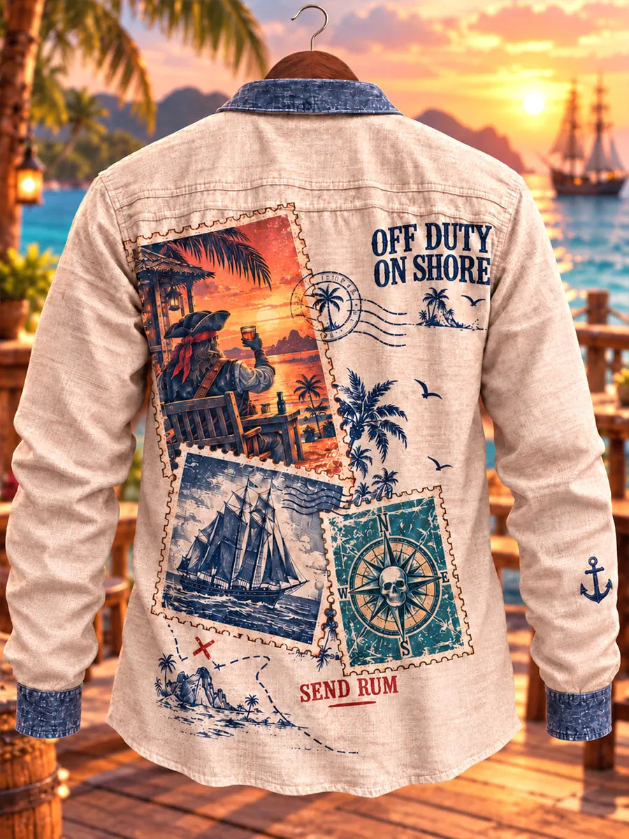 Men's Vintage Pirate Nautical Postcard Print Double Pocket Long Sleeve Shirt